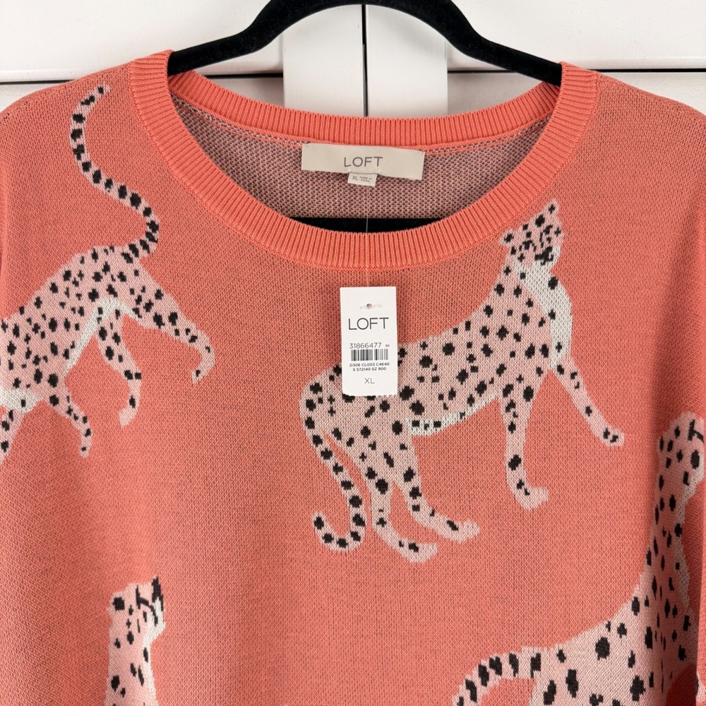 LOFT Women Coral Pink Cheetah Animal Print Crew Neck Sweater XL New NWT 31866477 - Picture 2 of 13